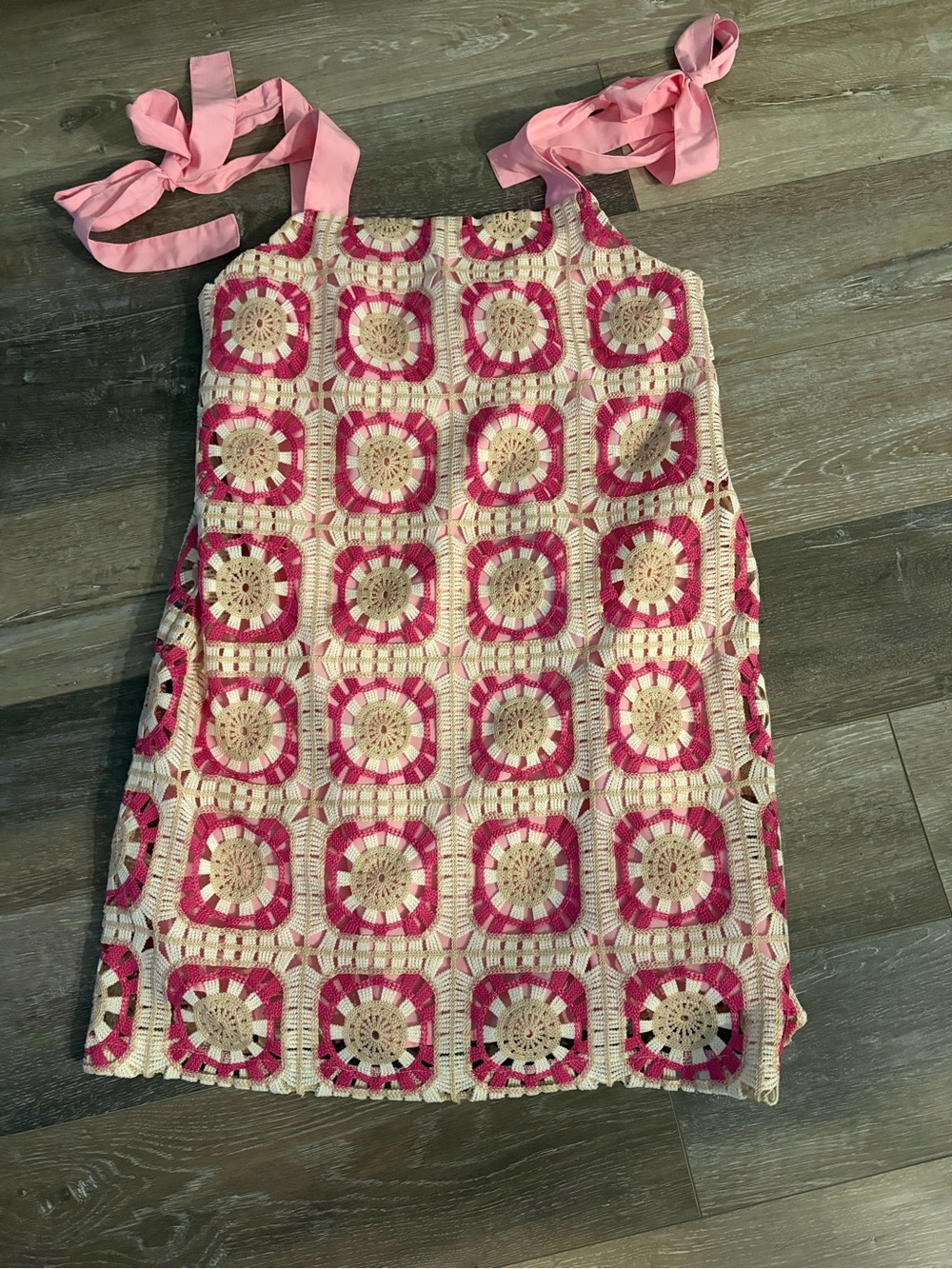 Entro Pink Crochet Square Sundress with Pink Tie Straps Medium